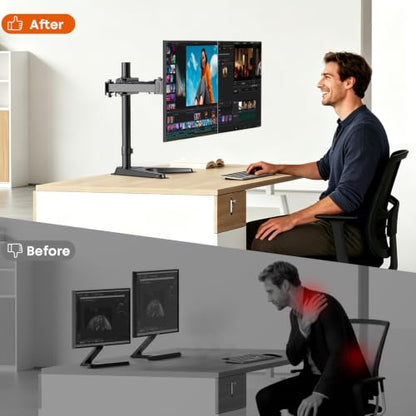 Dual Monitor Stand fits 17 to 32 inch – Free Standing Heavy Duty Monitor Mount with Precise Tilt, Swivel, Rotate and Height Adjust, 19.8 lbs per Arm, VESA 75/100mm - size: Dual Arms