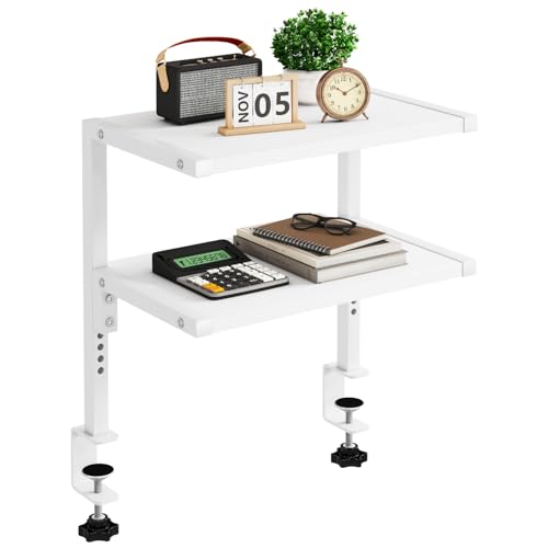 IBUYKE Clamp on Desk Organizer Shelf,12.9 inches Desk Extender Shelves, Above or Below Desk 2-Tier Adjustable Storage Shelves for Desktop Accessories,White,TMZ007W - color: White