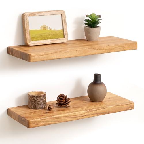 Fun Memories 18 Inch Floating Shelves for Wall, Solid Elm Wood Wall Shelf for Home Decor, Rustic Wooden Bathroom Shelves Set of 2, Heavy-Duty Hardwood Floating Shelf for Bedroom, Kitchen, Living Room - color: Usa-sourced Elm Wood, size: 18"W x 6.7"D