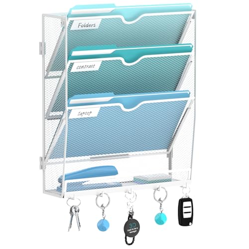 Wall File Organizer - Hanging File Organizer with 5 Hooks, Mail Holder Wall Mounted for Papers, Folders, Magazines, Bills, 4 Tier Office&School Organization, White - color: White, size: 4 Tier