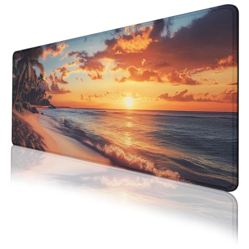 Sunset Beach Mouse Pad Tropical Palm Trees Ocean Waves Large Desk Mat with Stitched Edges,Non-Slip Waterproof Rubber Base Mouse Mat 31.5 x 11.8 Mouse Pads for Desk Home Office Gaming - color: Sunset Beach, size: 31.5" x 11.8"