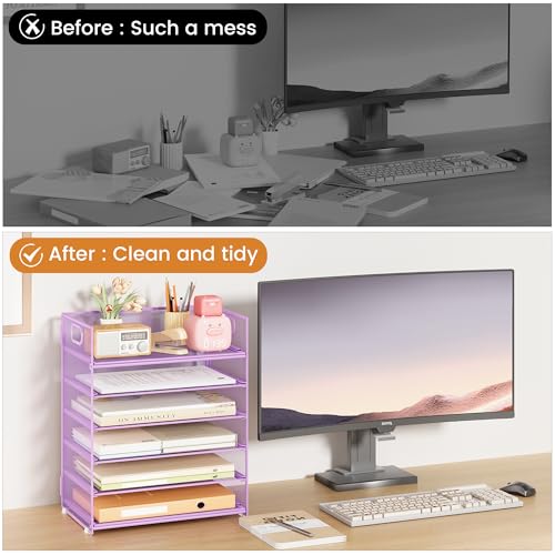 Subekyu 6-Tier Desk Paper Organizer, Desktop File Letter Tray with Handle, Document Sorter and Accessories Holder for Office, Home and School Workspace Organizers, Purple-2 Pack - color: 2 Pack 6-tier - Purple