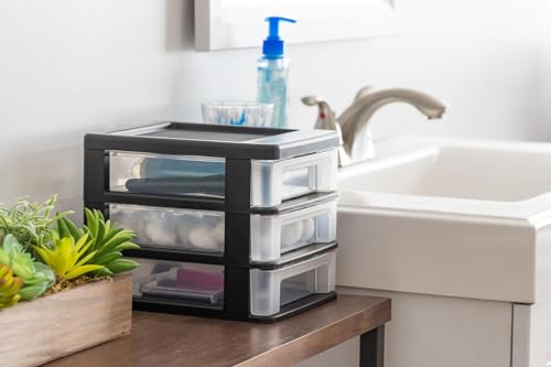 IRIS USA Plastic Stacking Desk Top 3-Drawer Storage Organizer, 2-Pack, for Makeup Vanity Nail Polish Bathroom Stationery Art Craft Supplies Kitchen Office Garage and Small Organization, Small, Black - color: Black, style: Small - 2 Pack