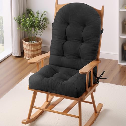 Rocking Chair Cushion - Plaid Corduroy Fabric, High-Density Sponge, Durable Comfort Non-Slip Bottom Tufted Seat Pads with Ties, Plaid Corduroy︱Coal Gray, 44x19x4 inch - color: Plaid Corduroy | Coal Gray