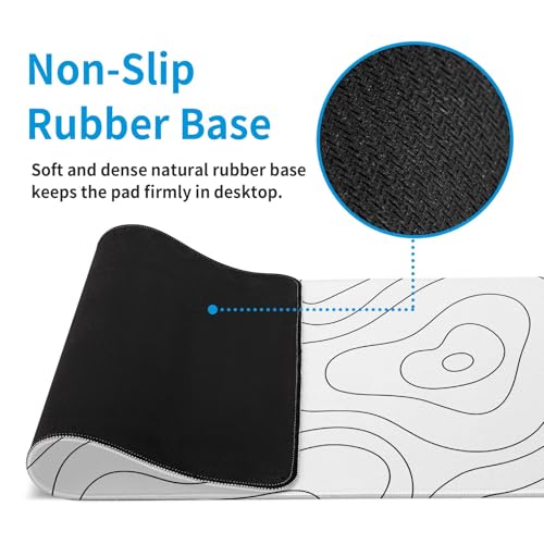 White Large Gaming Mouse Pad Desk Pad Topographic Map Big Keyboard Mat 31.5x11.8inch Computer Mousepad with Stitched Edge Non-Slip Rubber Base - color: White Topographic Map
