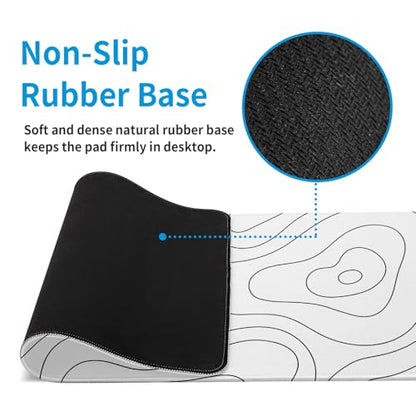 White Large Gaming Mouse Pad Desk Pad Topographic Map Big Keyboard Mat 31.5x11.8inch Computer Mousepad with Stitched Edge Non-Slip Rubber Base - color: White Topographic Map