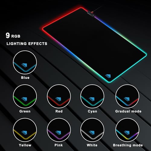 Cacoy 55"x27.5" Extra Large RGB Gaming Mouse Pad XXL, Extended LED Computer Keyboard Mouse Mat with 9 Light Mode, Oversize Office Desk Matt for Desktop with Stitched Edge & Non-Slip Rubber Base, Black - color: Rgb, size: 55" x 27.5"