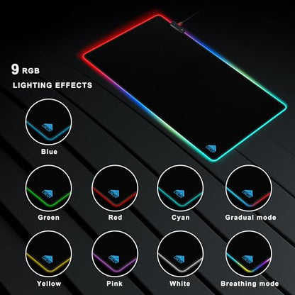 Cacoy 55"x27.5" Extra Large RGB Gaming Mouse Pad XXL, Extended LED Computer Keyboard Mouse Mat with 9 Light Mode, Oversize Office Desk Matt for Desktop with Stitched Edge & Non-Slip Rubber Base, Black - color: Rgb, size: 55" x 27.5"