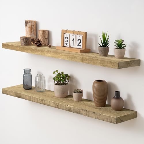 Acovy 40" Unfinished Solid Reclaimed Wood Floating Shelves, Rustic Heavy-Duty Wall Shelves, 8" Deep Floating Shelf for Living Room, Bathroom, Bedroom and Kitchen, Set of 2, Natural - color: Natural, size: 40inches-2P