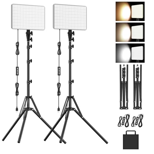2-Pack LED Video Lighting Kit, Anautin 15W/1700Lux Photography Lighting with Tripod Stand, 2500-8500K Dimmable Streaming Light for Video Recording, Gaming, Podcast, Barber, Salon, TikTok, YouTube - size: 2-Pack, style: 15W Studio Light
