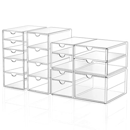 Makeup Drawer Storage Organizer with 16 Drawers, 4 Set Acrylic Office Desk Organization and Storage, Dustproof Drawer Organizer for Makeup, Office, Countertop, Jewelry, Pen, Desktop, Bathroom, Bedroom - size: 16 Drawers