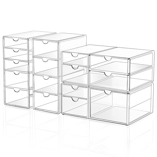 Makeup Drawer Storage Organizer with 16 Drawers, 4 Set Acrylic Office Desk Organization and Storage, Dustproof Drawer Organizer for Makeup, Office, Countertop, Jewelry, Pen, Desktop, Bathroom, Bedroom - size: 16 Drawers