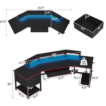 SEDETA 79" Gaming Desk, Computer Desk with 2 Fabric Drawers & LED Light, L Shaped Gaming Desk with Storage Shelf for Home Office, Carbon Fiber Black&Red - color: Carbon Fiber Black&red