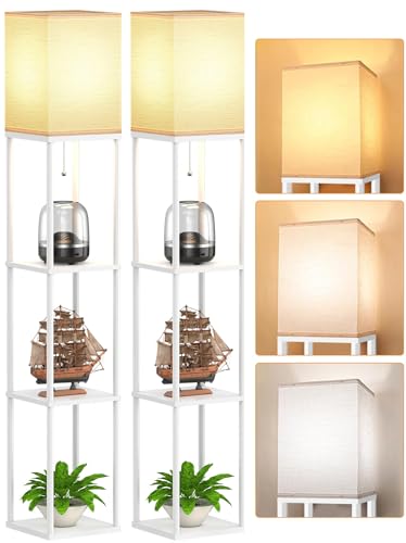Floor Lamp with Shelves for Living Room 2 Pack, Shelf Floor Lamp with 3 CCT LED Bulb, Corner Display Standing Column Lamp Etagere Organizer Tower Nightstand with White Linen Shade for Bedroom, White - color: White