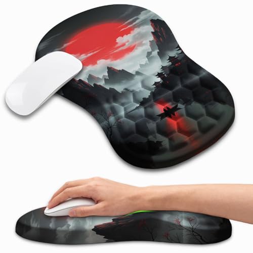 Ergonomic Mouse Pad with Wrist Rest, Memory Foam Wrist Support for Carpal Tunnel Pain Relief, Massage Design Mousepad and Non-Slip Base for Office and Gaming, 12x8 Inch, Red Moon - color: Red Moon
