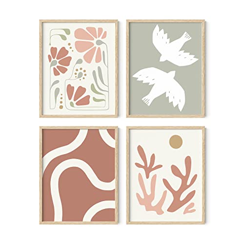 HAUS AND HUES Boho Pictures Wall Decor - Set of 4 Mid Century Modern Art, Neutral Decor, Botanical Art Framed, Coral Artwork Prints (11x14, Framed Beige) - color: Coral and Green, size: 11x14, style: Beige Framed
