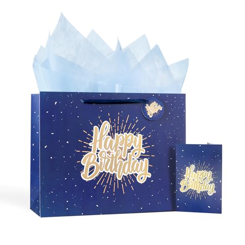 Powbrace 13" Blue Happy Birthday Gift Bag with Tissue Paper and Greeting Card for Party,Happy Birthday Gift Bag for Men Women, Gift Bags Medium size(1 PCS Blue) - color: 1 PCS Blue Gift Bag, size: 1 count (Pack of 1)