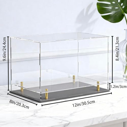Acrylic Display Case for Collectibles, Dustproof Acrylic Box with Clear Display Elevation & Gold Risers, Large Display Case for Figures Toys Memorabilia, 12" L x 8" W x 9.6" H - size: 12"L x 8"W x 9.6"H