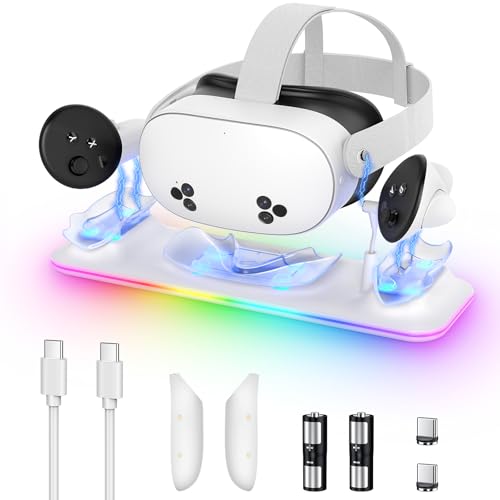 Charging Dock for Meta Quest 3S/3, Kinwin Magnetic Charging Station for Oculus Quest 3S/3 Accessories with RGB Light, Charging Stand for VR Headset & Controller with 2 Rechargeable Batteries (White) - color: White
