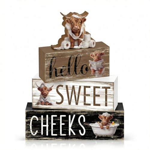 4 Pcs Highland Cow Bathroom Decor Funny Farmhouse Tiered Tray Decor Rustic Highland Cow Table Wooden Signs Home Bathroom Shelf Sitter Restroom Accessories Guest Housewarming Gift Set - style: Highland Cow
