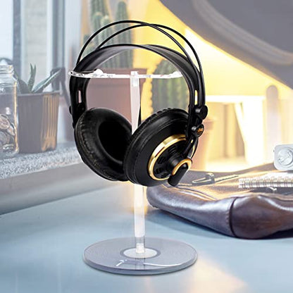 Clear Acrylic Headphone Stand with Patterned Base – Universal Holder for AirPods Max, Gaming & Wireless Headphones – Space-Saving Desk Organizer for Home & Gaming Setup (Black Record/LP) - style: Black Record/LP