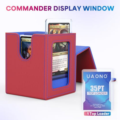 UAONO Card Deck Box for MTG Commander, Independent Commander Display, Fits 100 Double-Sleeved Cards, Magnetic Deck Case for Magic the Gathering TCG, 2 Dividers & 1 Top Loader (Red/Blue) - color: A-Red&Blue