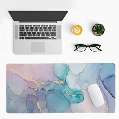 Teal Marble Extended Mouse Pad 31.5x11.8 Inch Turquoise Desk Marble Mousepad Extended Large Non-Slip Rubber Base Waterproof Big Keyboard Mat with Stitched Edges for Gaming and Office - color: Marble