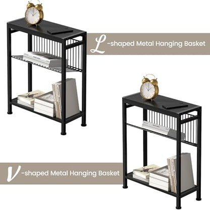 End Table for Small Space, 3-Tier Narrow Side Table with Magazine Holder, Nightstand, Skinny Snack Couch Table in Living Room, Bedroom Study and Balcony (Black) - color: Black
