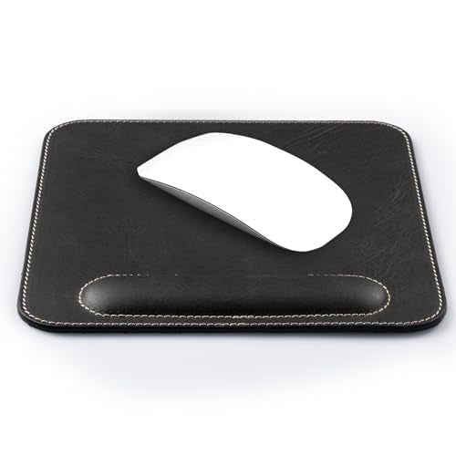Londo Top Grain Leather Mouse Pad with Wrist Rest – Ergonomic Support, Non-Slip Base, Smooth Surface - color: Black