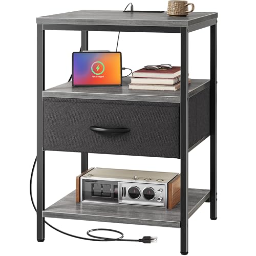 SUPERJARE Night Stand with Charger Station, 27.7 Inch Tall Nightstand with Adjustable Fabric Drawer, Bed Side Table, Fabric Drawer Dresser for Bedroom, Living Room, Charcoal Gray and Black - color: Charcoal Gray and Black, size: L (15.7"D x 17.7"W x 27.7"