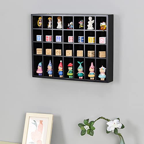 Black Shot Glass Display Case 18" x13" Solid Wood Wall Mounted Collection Cabinet 28 Slots Small Curio Cabinet Rack (No Door) - color: Black