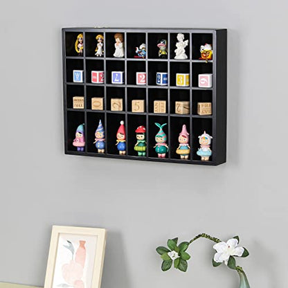 Black Shot Glass Display Case 18" x13" Solid Wood Wall Mounted Collection Cabinet 28 Slots Small Curio Cabinet Rack (No Door) - color: Black