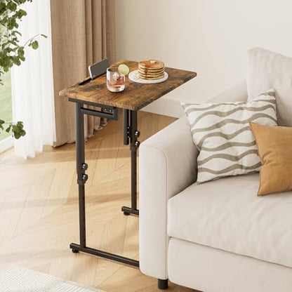 Adjustable Folding TV Tray Table,TV Dinner Small Foldable C-Shaped End Table for Eating,6 Height Adjustable Slide Under Couch Side with Sturdy MDF Top,No Assembly(Brown) - color: Brown, size: 1PC