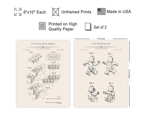 Poster Master 2-Piece Bricks Blueprint Print - Building Blocks Patent Poster - Interlocking Bricks Toy Art - Technical Drawing Wall Design - Kids Room Wall Decor - 8x10 UNFRAMED Wall Art - color: Patent Kids 01, size: 8"L x 10"W
