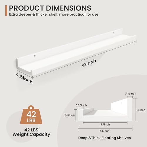 Fun Memories Picture Ledge Shelves Set of 2, 32 Inch Rustic Wall Mounted Floating Shelves with Lip for Home Storage and Décor in Bathroom, Kitchen, Nursery, Bedroom, Living Room, White - color: White, size: 32 inch, Set of 2