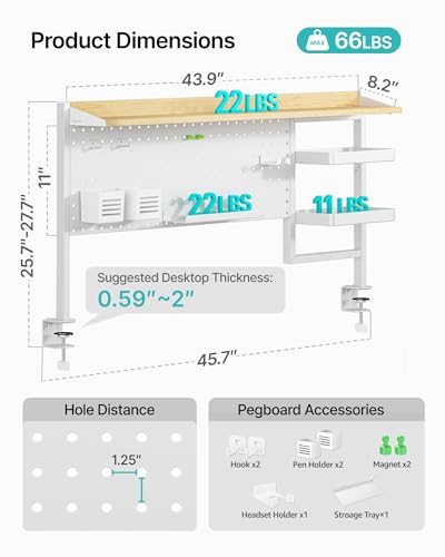 PEGZONE Clamp on Desk Shelf, 44" Desktop Shelving System, White | with Pegboard and Accessories, Desktop Organizer with 2-Tier Shelf, Desk Pegboard for Gaming Office - color: White