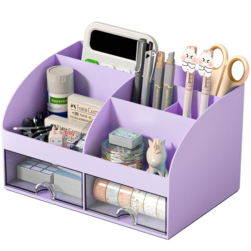 COMFYROOM Desk Organizer with 6 Compartments and 2 Drawers, Plastic Makeup Organizer, Pen Holder for Desktop Storage, Desk Organization for School, Home, Office Supplies (Purple) - color: Purple