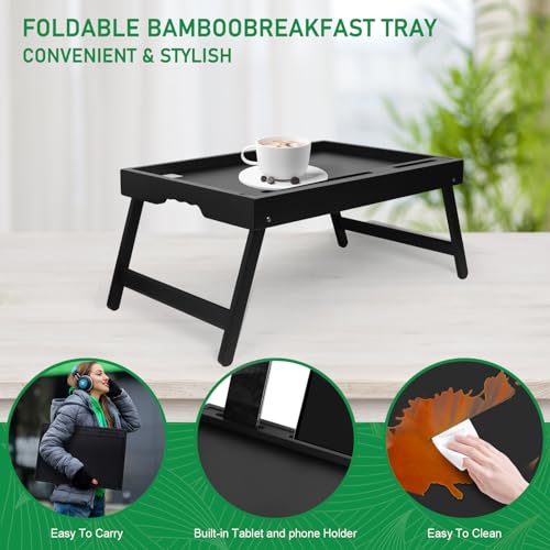Artmeer Bed Tray Table with Folding Legs, Bamboo Breakfast Food Tray with Media Slot, Use As Platter, Laptop Desk, Snack, TV Tray Kitchen Serving Tray (Black Extra-Large Size) - color: Black, size: X-Large