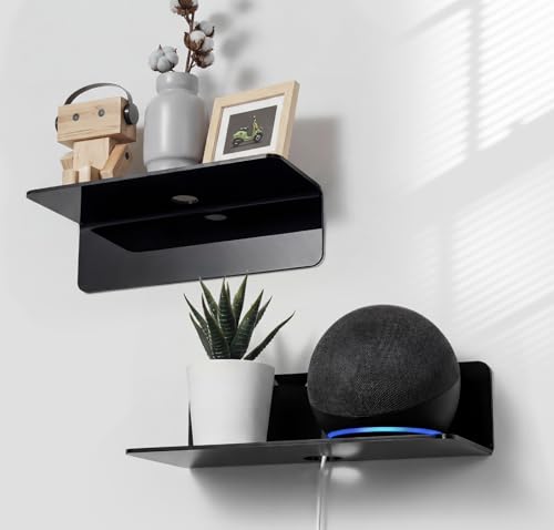 OAPRIRE Acrylic Floating Wall Shelves Set of 2, Damage-Free Expand Wall Space, Small Display Shelf for Smart Speaker/Action Figures with Cable Clips - color: Black