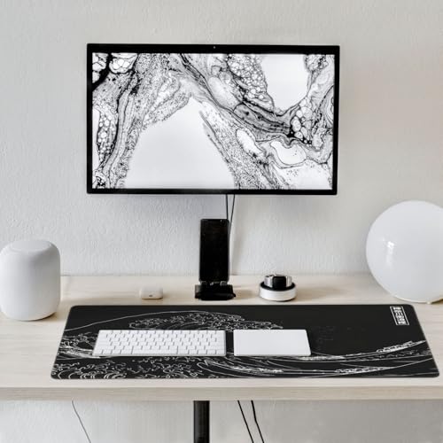 Japanese Gaming Mouse Pad XXL Black Mouse Pad Kanagawa Large Mousepad Non-Slip Rubber Base Waterproof with Stitched Edges for Gaming Office Home, 35.4x15.7x0.12 Inch (Black Wave) - color: Kanagawa Wave, size: 35.4Lx15.7W inches