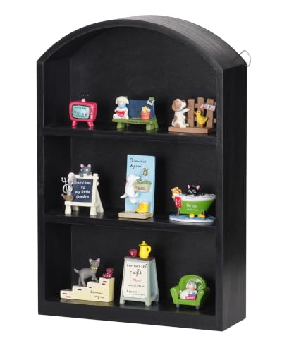 9"x13.5" Small Arched Trinket Display Shelf Shadow Box, Black | Fully Assembled, Wooden Shelf for Wall or Desk, Display Collectibles, Knick Knacks, Mini Figurines, Perfumes & Crystals - color: Black