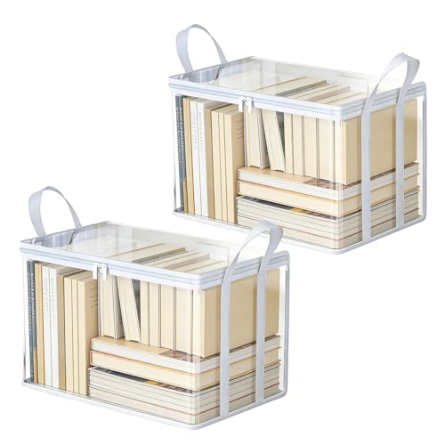 2-Pack Large Clear Book Storage Bags - Waterproof Plastic Comic Book Bin with Carrying Handles - Portable Book Display Case & Closet Organizer for Used Books, DVDs and Magazines - 15" x 9.5" x 12.5" - color: White, size: 2-Pack