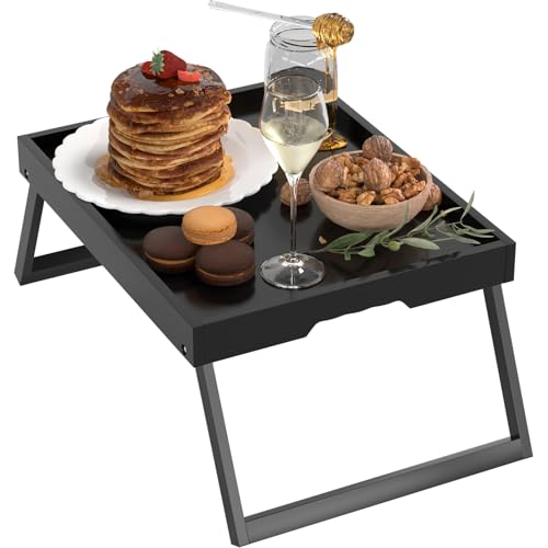 Bamboo Bed Tray Table with Foldable Legs, Breakfast in Bed Tray for Eating, Kitchen Serving Trays, Folding Table for Sofa, Beds, Eating, Working, Used As Laptop Desk Snack Trays, Large Black - color: Black, size: Large