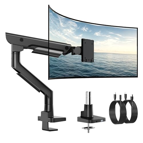 monTEK Sleek Aluminum Monitor Arm for 17–57” Ultrawide Screens up to 59.4 lbs, USB 3.0 A/C, Heavy Duty Single Monitor Arm Desk Mount, Pneumatic Lift, Quick-Release Plate, Clamp/Grommet, VESA 100x100 - color: Black, size: Single Arm with USB