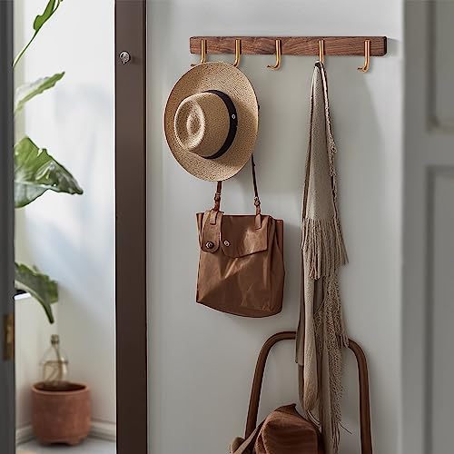 Wall Mounted Coat Rack, Entryway Hanging Rack with Rustic Hooks for Coat, Scarf, Bag, Towel, Key, Cap, Hat - Walnut Gold Matt (5 Hooks - J Shape) - size: 5 Hooks - J Shape