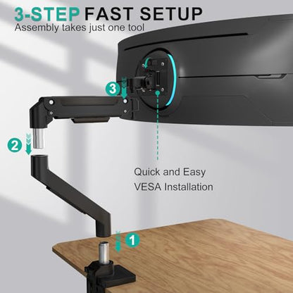 WALI Heavy Duty Single Monitor Arm for 13-49 inch 1000R Curved Screens, up to 44 Lbs, Adjustable Single Monitor Desk Mount with C-Clamp, Grommet Base, 75/100mm VESA Mount (GSM001XL), Black - size: 13" to 49"