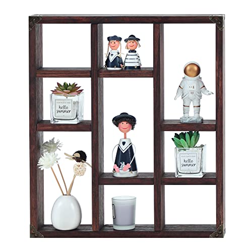 17.7x15.7-Inch Shadow Box Shelf 9-Slot Rustic Floating Shelves Larger Wall Mounted Shelf Lightweight Solid Wood Display Shelf Freestanding Farmhouse(9C-Rustic Walnut) - color: 9c-rustic Walnut, size: 1 PCS