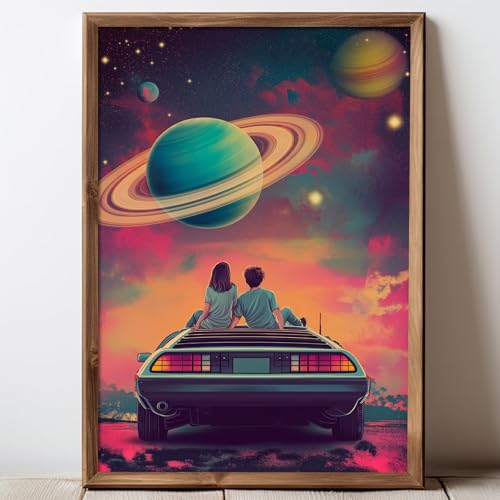 Car In Space Poster Vintage Wall Art Space Outer Paintings Retro Posters Futuristic Vintage Art Print Surreal Retro Poster Alien Planet Landscapes Prints Universe Sci-Fi Artwork Room 16x24in No Frame - color: C1Unframed