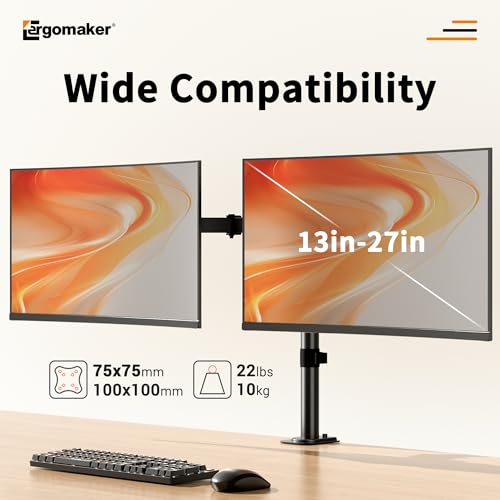 Dual Monitor Stand, Arm Monitor Desk Mount for 13" to 27" 2 Screens, Full Adjustable Height, Tilt Swivel Rotate, Holds 22 lbs per Arm, Easy to Install - size: Dual Up to 27"