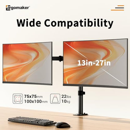 Dual Monitor Stand, Arm Monitor Desk Mount for 13" to 27" 2 Screens, Full Adjustable Height, Tilt Swivel Rotate, Holds 22 lbs per Arm, Easy to Install - size: Dual Up to 27"